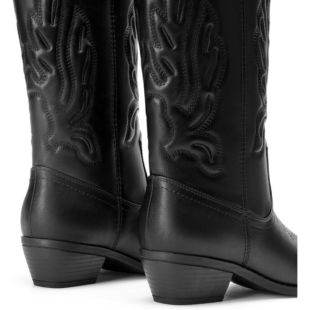 Women's Black Mid Calf Western Embroidery Stitched Faux Leather Cowgirl Boots - Picture 4 of 8